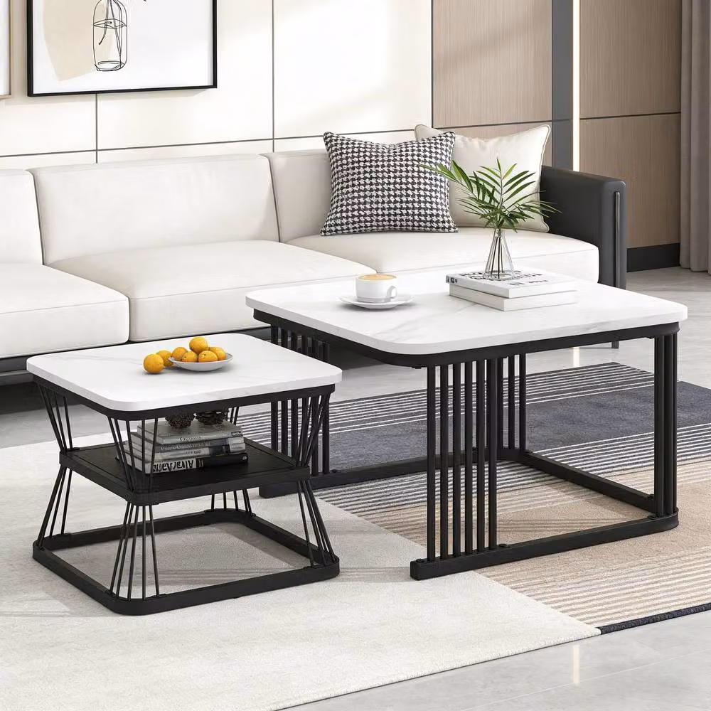 BTM Set of 2 Square Nesting Tables in White and Black with Marble Effect MDF Tops and Metal Frames – 2