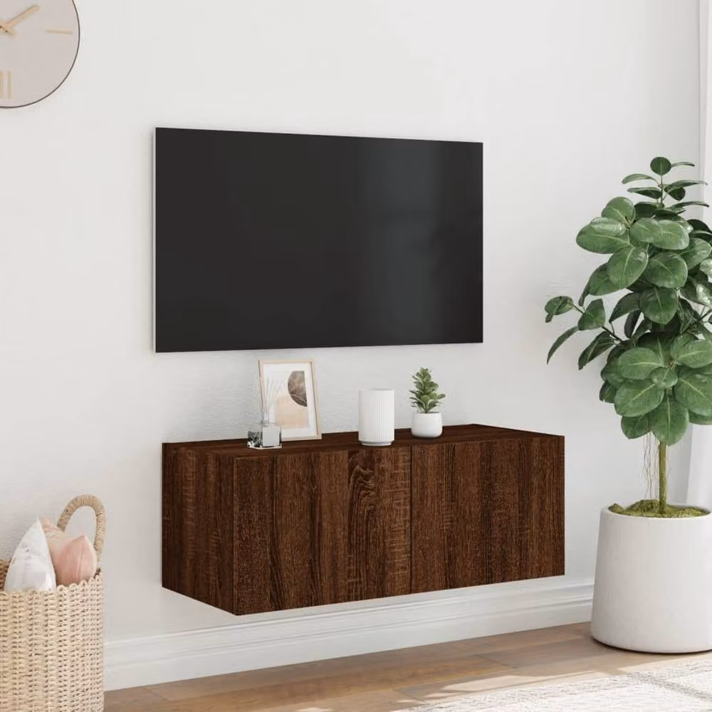 Berkfield Home Modern TV Wall Cabinet with LED Lights in Brown Oak, W/D/H: 80 x 35 x 31 cm – 4