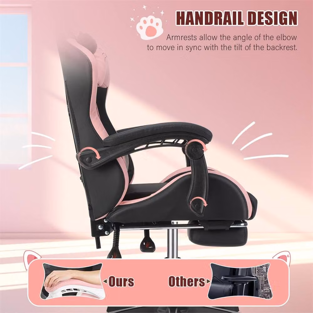 NESTLUNE Pink and Black Gaming Chair with Cat Ears and Headrest – 4