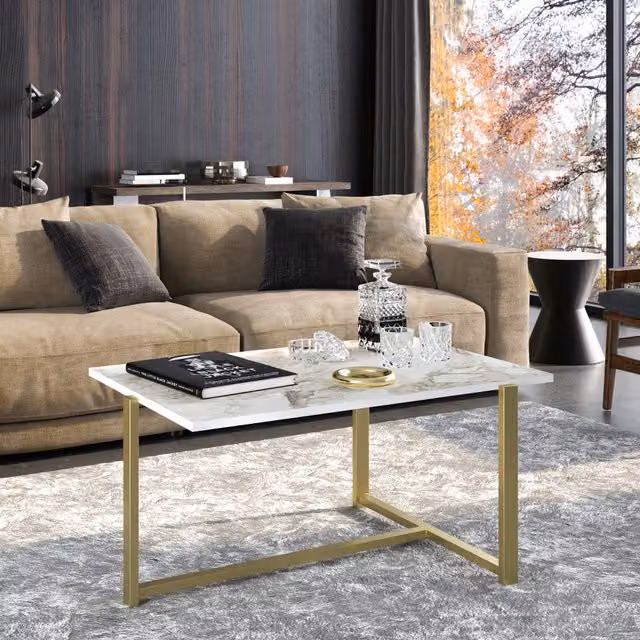 Decorotika Merideth Modern Rectangular Coffee Table in White and Gold