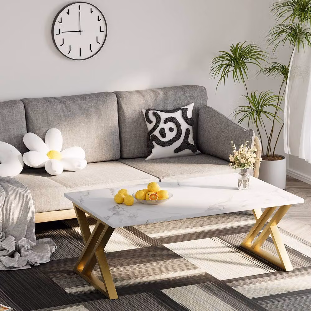 Huhote Rectangular Coffee Table with White Glossy Composite Top and Metal X-Frame – 2