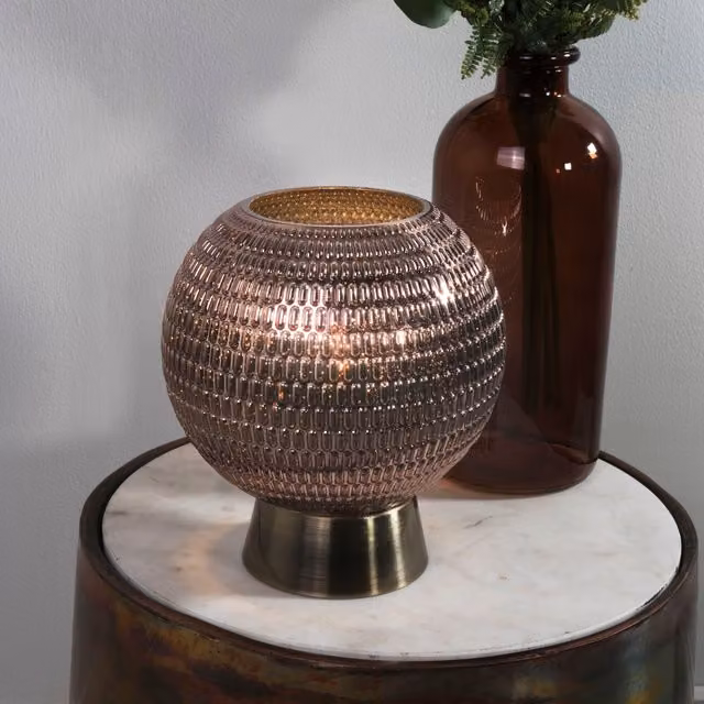 Lighting Collection Battery Powered Glass and Brass Table Lamp in Grey and Gold – 1