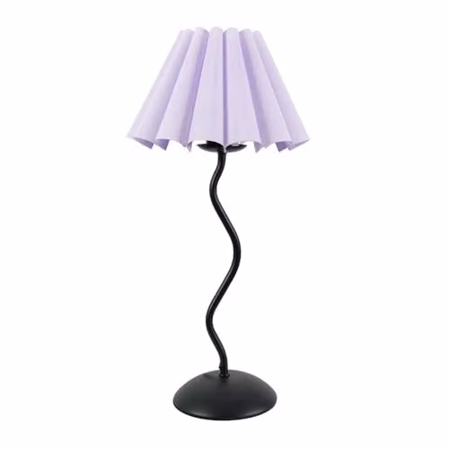 ValueLights Black Metal Wavy Stem Table Lamp with Lilac Pleated Tapered Shade and LED Bulb