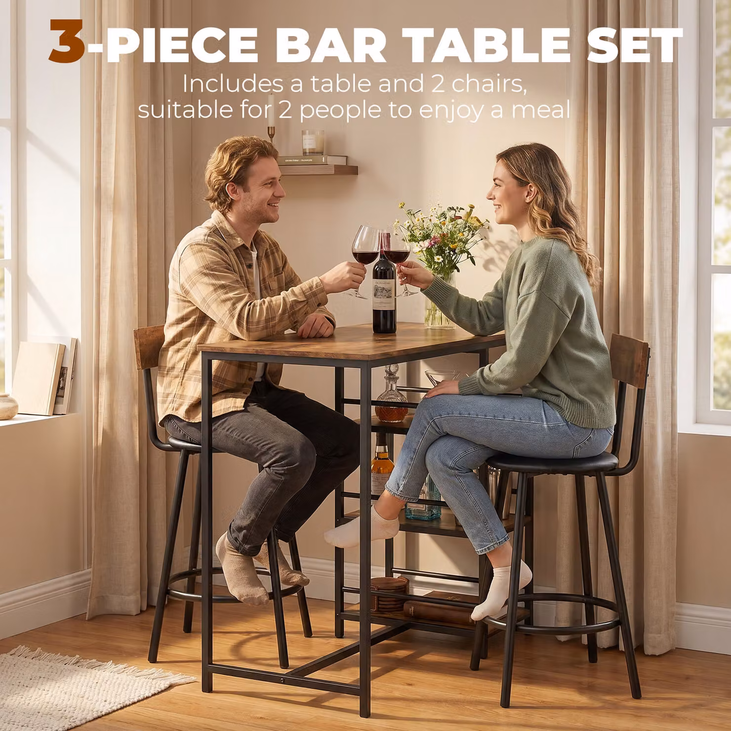 HOMCOM 3 Piece Breakfast Bar Table Set with Storage Shelves and PU Leather Stools in Rustic Brown – 4
