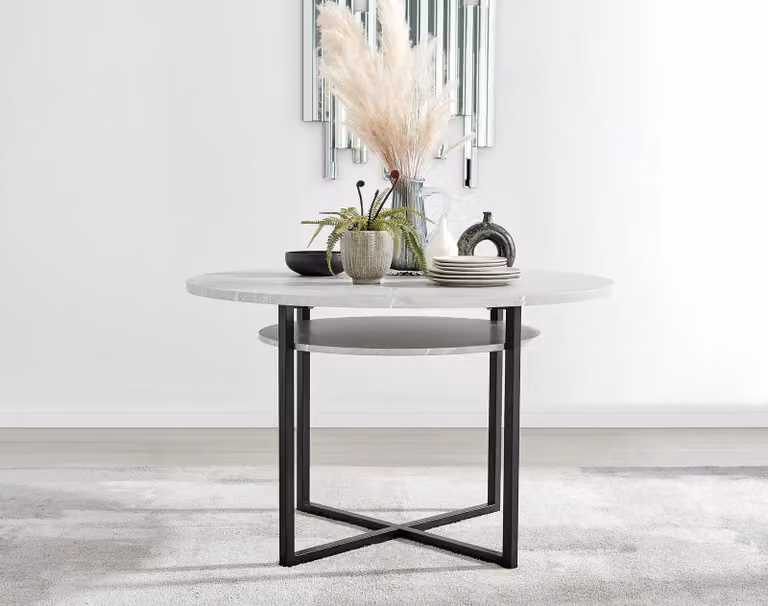FurnitureboxUK Adley Grey Concrete Effect Round Dining Table and 4 Belgravia Black Velvet Chairs