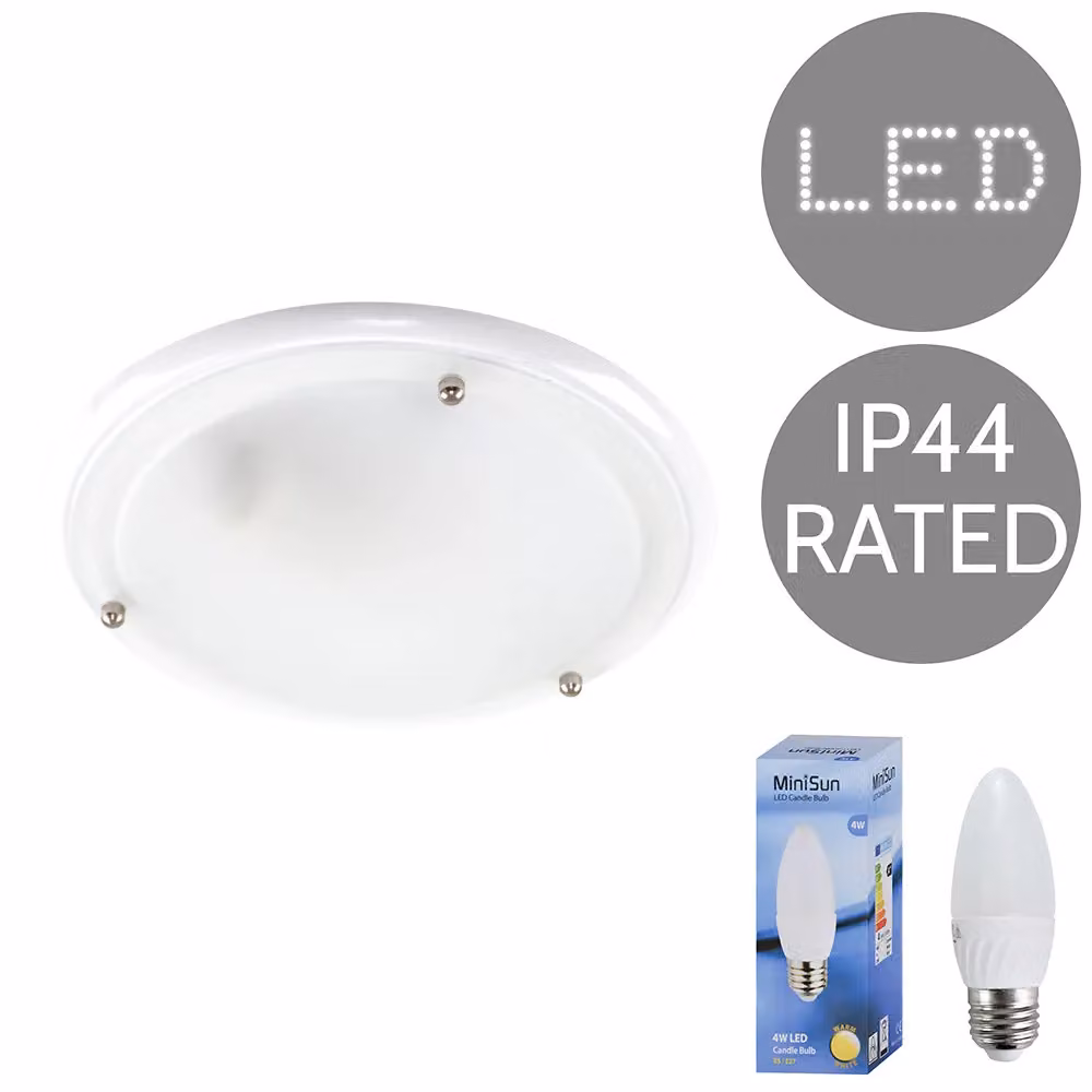 ValueLights Modern Round White and Chrome IP44 Rated Glass Flush Ceiling Light with Warm White LED Bulb – 2
