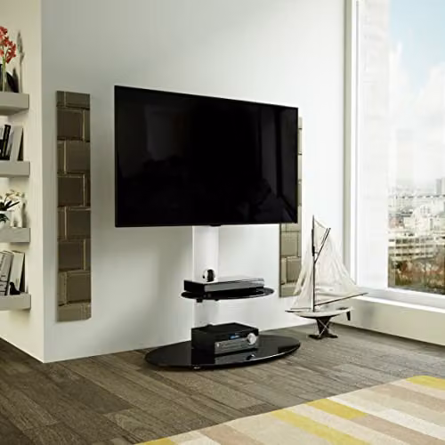 AVF Lugano Freestanding Oval TV Floor Stand with Universal Mount in Silver and Black Glass – 2