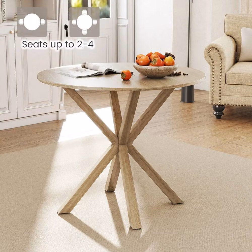 VOGREX Brown Round Rubberwood Dining Table with Central Column, Diameter: 90 cm, Height: 76 cm – 2