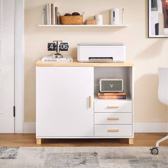 Sobuy Modern White Freestanding Home Office Cabinet with Hinged Doors, Internal Drawers and Adjustable Shelves