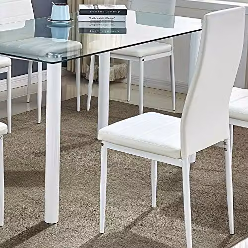 KOSY KOALA Modern Dining Set with Rectangular Clear Glass Table and 4 White Faux Leather Chairs – 2