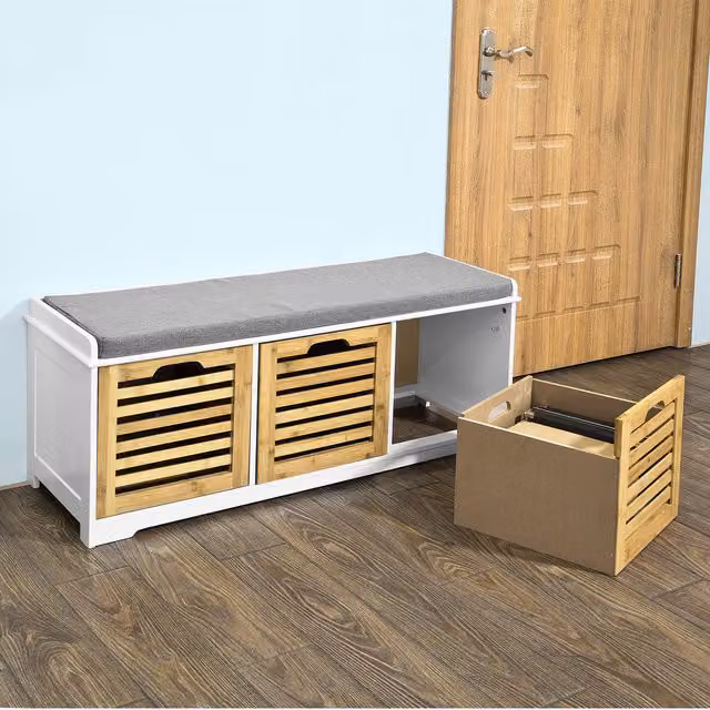 SoBuy Modern Bamboo Shoe Storage Cabinet Bench Unit with Fabric Seat in White