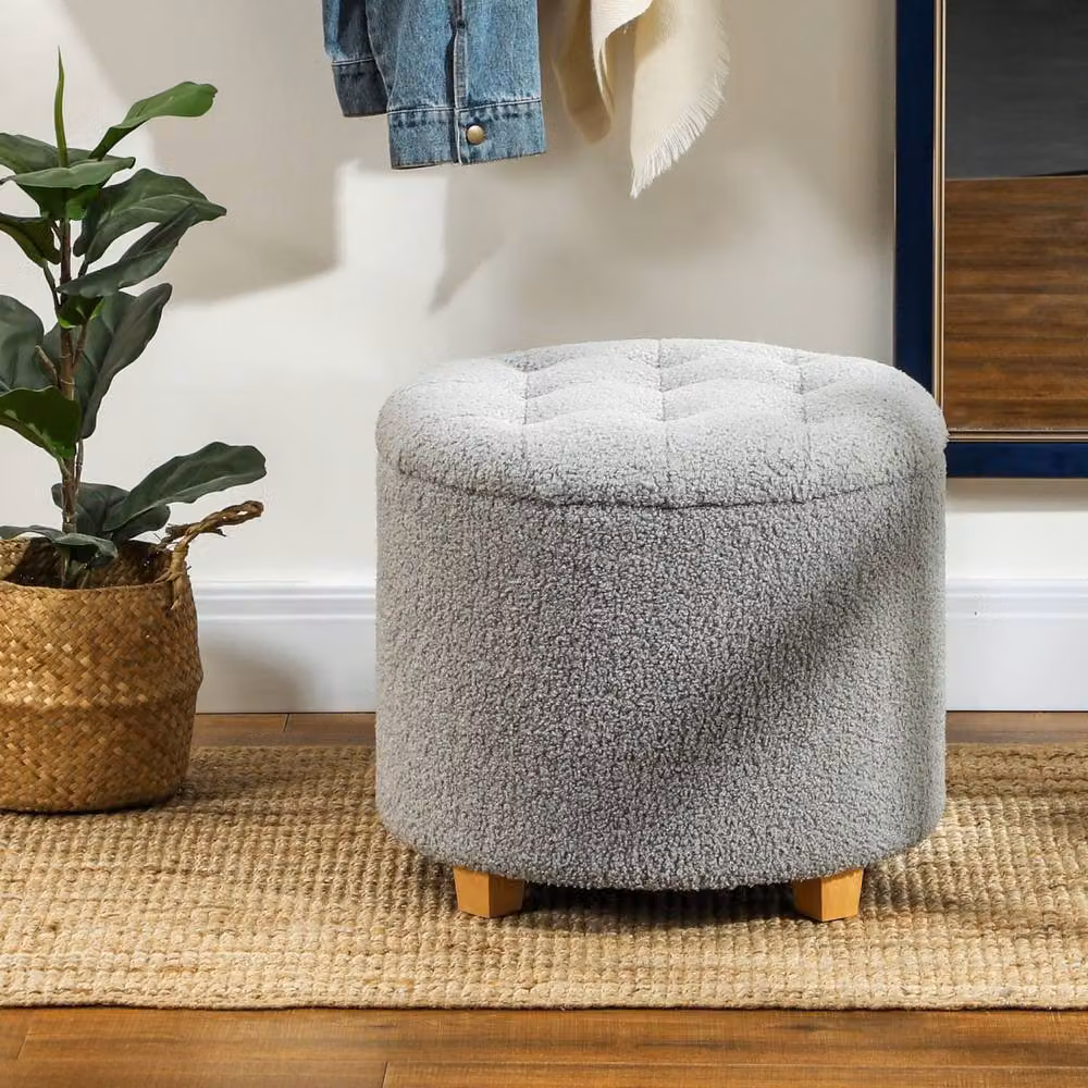 Wyld Haus Valefi Grey Bouclé Round Storage Ottoman with Button Tufted Lid, Diameter: 45 cm, Height: 41 cm – 3