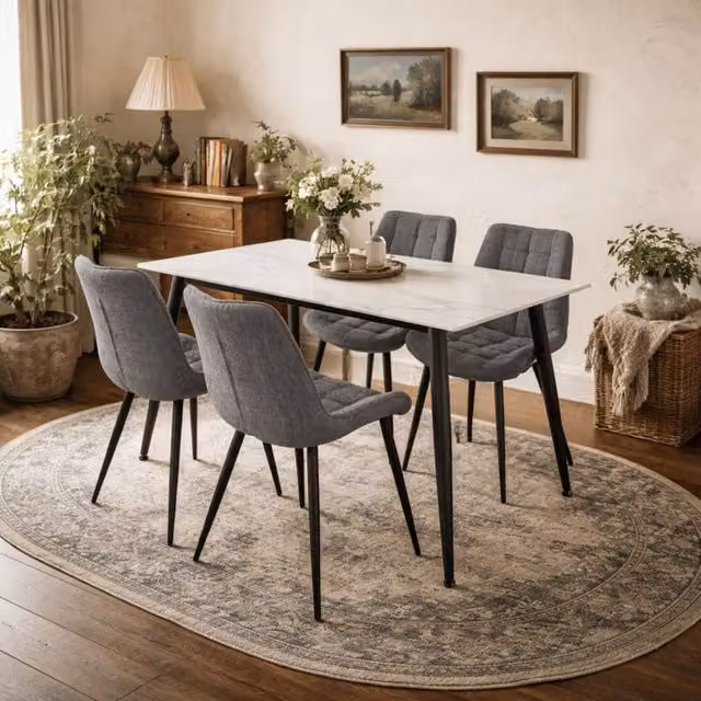 Wyld Haus Bramblewood 4 Seater Marble Effect Dining Set with Ceramic Table and 4 Chairs in White, Black and Grey