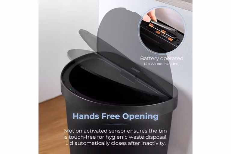 Tower 50L Sensor Bin with Liner Retainer Ring in White with Black Stainless Steel Trim on Lid