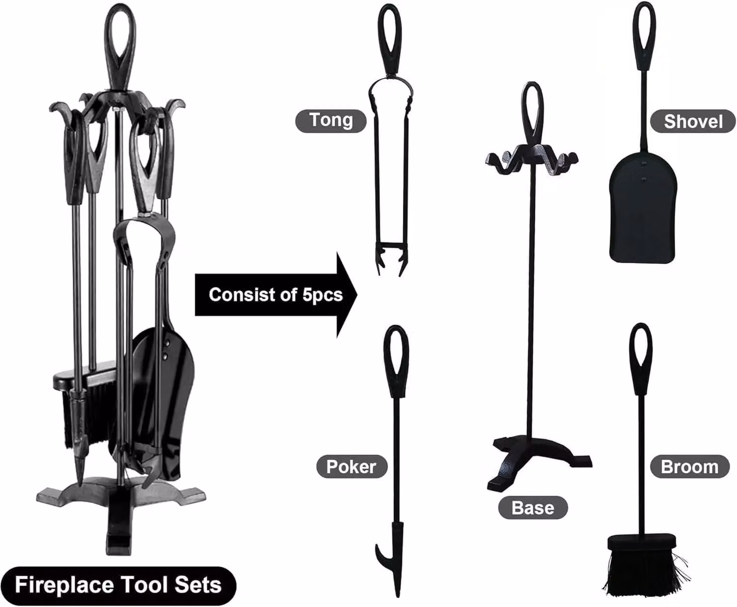 MANTRARAJ Fireside 5-Piece Fire Companion Set for Log Burners with Stand in Cotswold Black Iron – 3