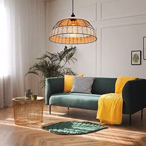 Globo Lighting Boho Rattan and Metal Cylinder Pendant Light, Black, Diameter: 40 cm, Height: 102 cm