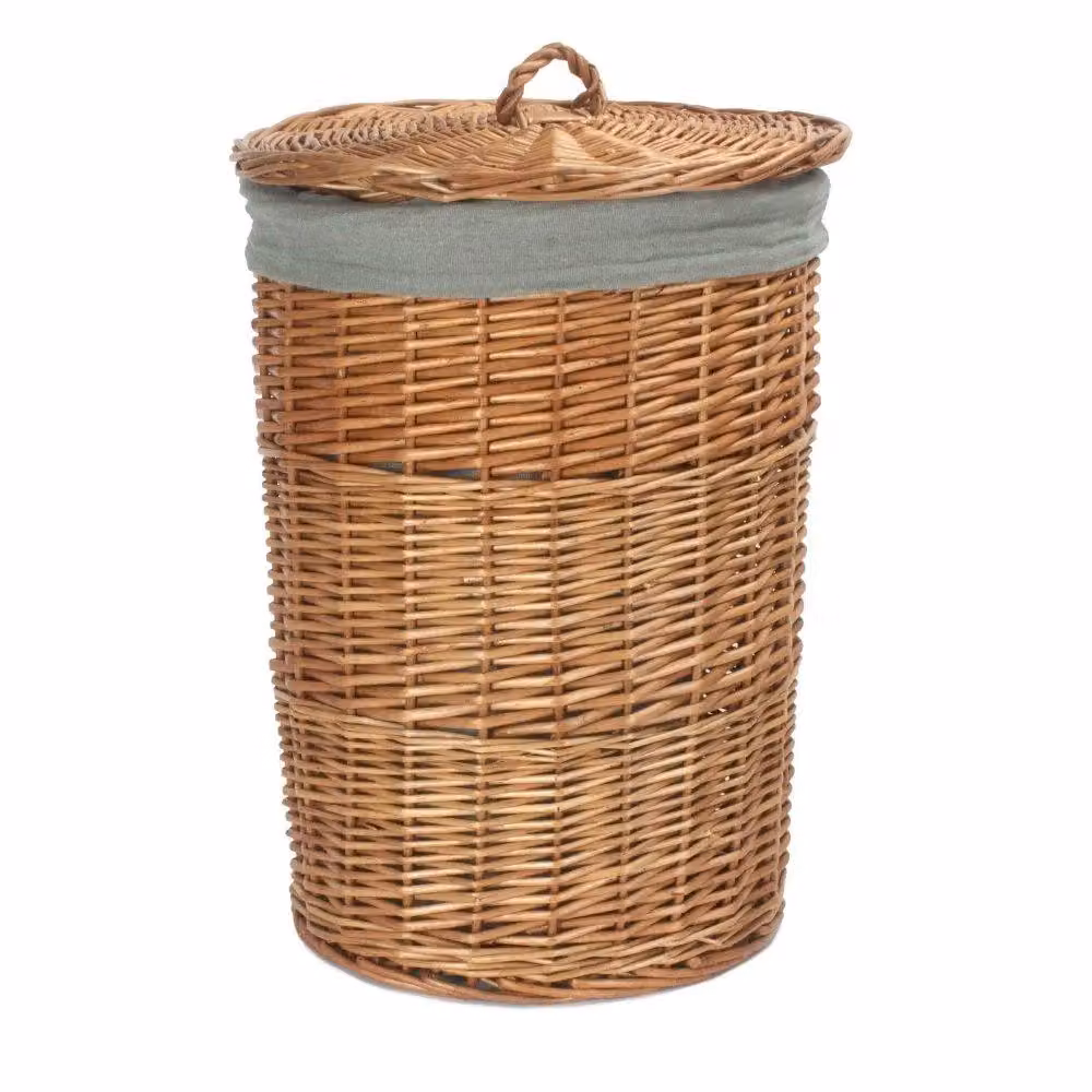 Red Hamper Small Round Steamed Linen Basket with Grey Sage Lining and Handles – 2
