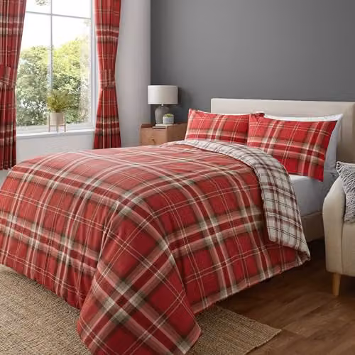 Catherine Lansfield Kelso Check Reversible Red Duvet Cover and Pillowcase Set, W/D/H: 200 x 200 cm and 50 x 75 cm – 2