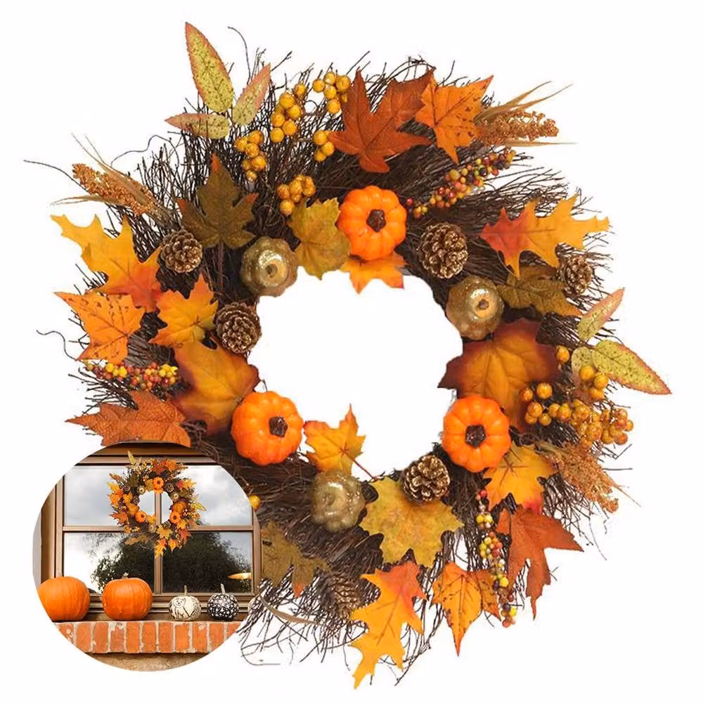 Garden Sanctuary Orange Prelit Artificial Autumn and Halloween Wreath with Seasonal Leaves – 3