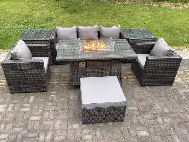 Fimous 6 Seater Outdoor PE Rattan Garden Furniture Set with Gas Fire Pit Dining Table and Footstool in Dark Grey
