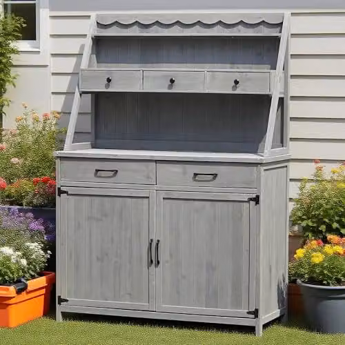 RayGar Beatrix Wooden Garden Potting Table with Storage, Grey, W/D/H: 115.5 x 47 x 164 cm – 1