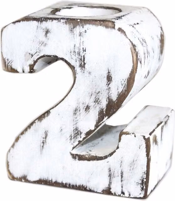 KDMK Handmade White-Washed Wooden Birthday Number 2 Tabletop Tealight Holder, White