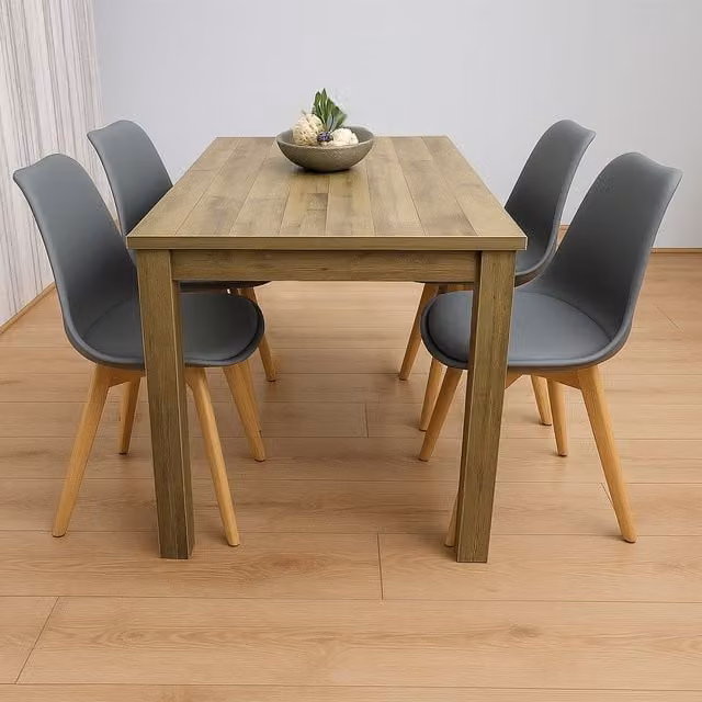 KOSY KOALA Rustic Brown Dining Table Set with 4 Grey Plastic Chairs, W/D/H: 80 x 80 x 75 cm