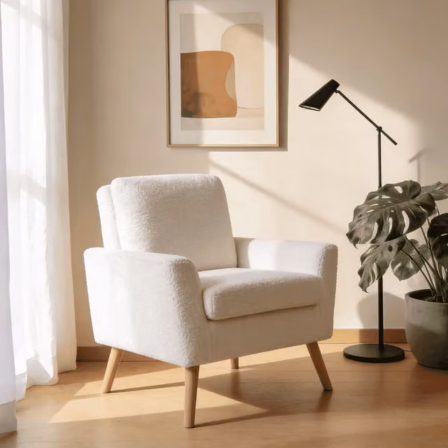 Home Source Modern White Bouclé Fabric Accent Chair with Armrests