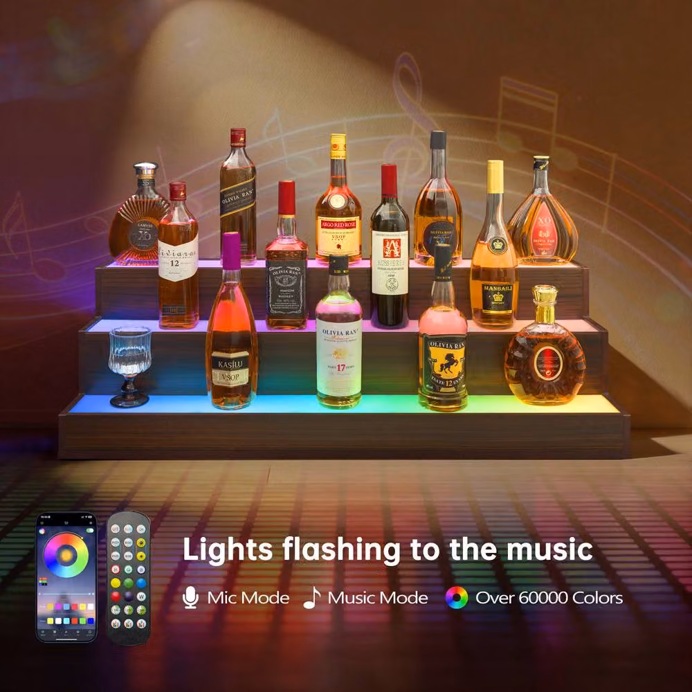 Matteo 3-Tier LED Lighted Bar Bottle Display Shelf with App and Remote Control, Brown Wood – 2