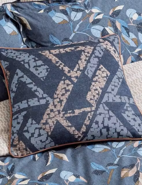 Bedeck of Belfast Pure Cotton Textured Geometric Square Cushion in Blue