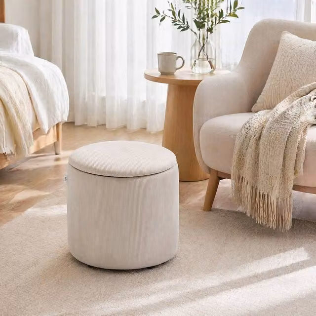 STILVORA Set of 2 Cylindrical Upholstered Storage Ottomans with Removable Lids in Beige