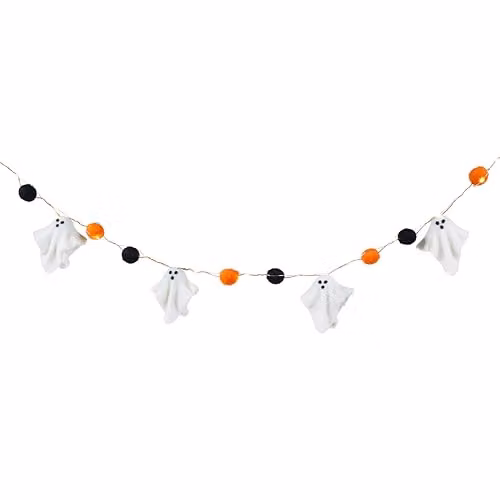 Lights4fun Halloween Pre-Lit Felt Ghost and Pompom Garland with 20 Warm White LEDs, Battery Operated with Timer, 2.4m – 2