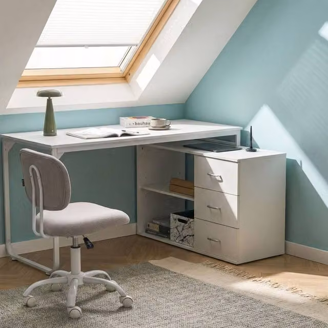 Wyld and Coco White Corner Desk with MDF Laminate Surface and Metal Legs