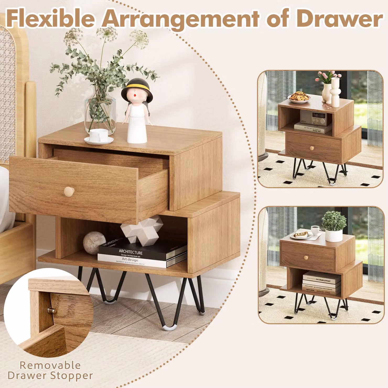 Gymax Set of 2 Khaki Nightstands with Removable Drawers – 2