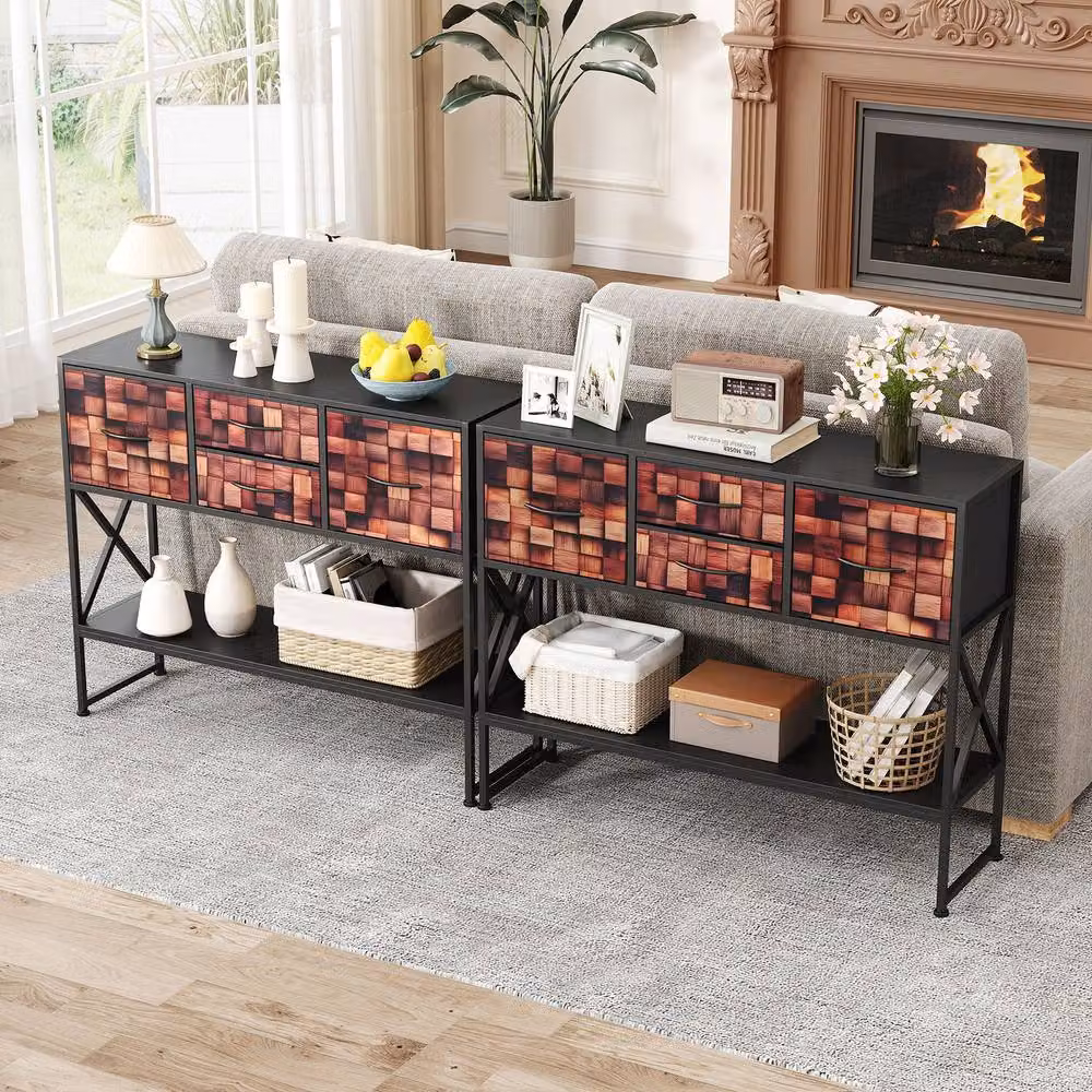 Costway Modern Geometric Console Table with 4 Fabric Drawers and Shelf in Black and Multicolour – 6