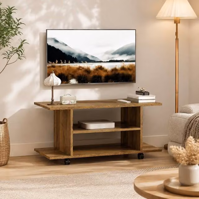STILVORA Modern Brown TV Stand with Shelves and Casters – 1