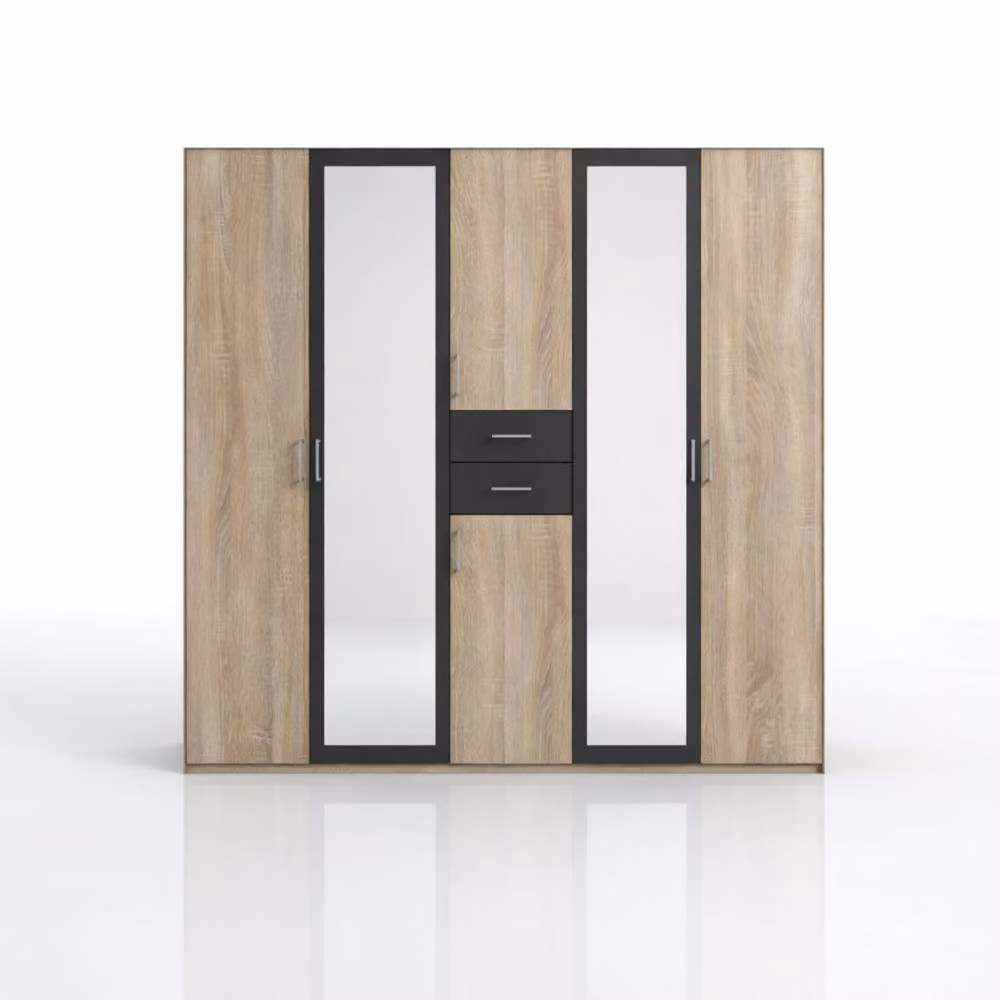KDMD Diver Oak and Graphite 5 Door Wardrobe with Mirror in Brown and Grey, Width: 225 cm – 3