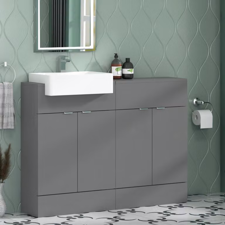 Royal Bathrooms Elena 1200mm Floor Standing Vanity Sink Unit in Indigo Grey Gloss with 4 Doors and Semi Recessed Basin