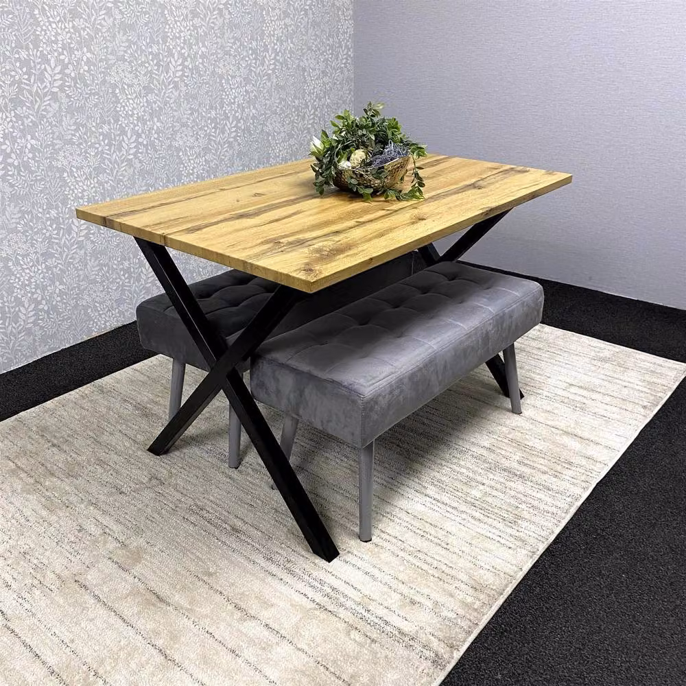 KOSY KOALA Brown Wooden Rectangular Dining Table with 2 Grey Velvet Padded Benches – 3