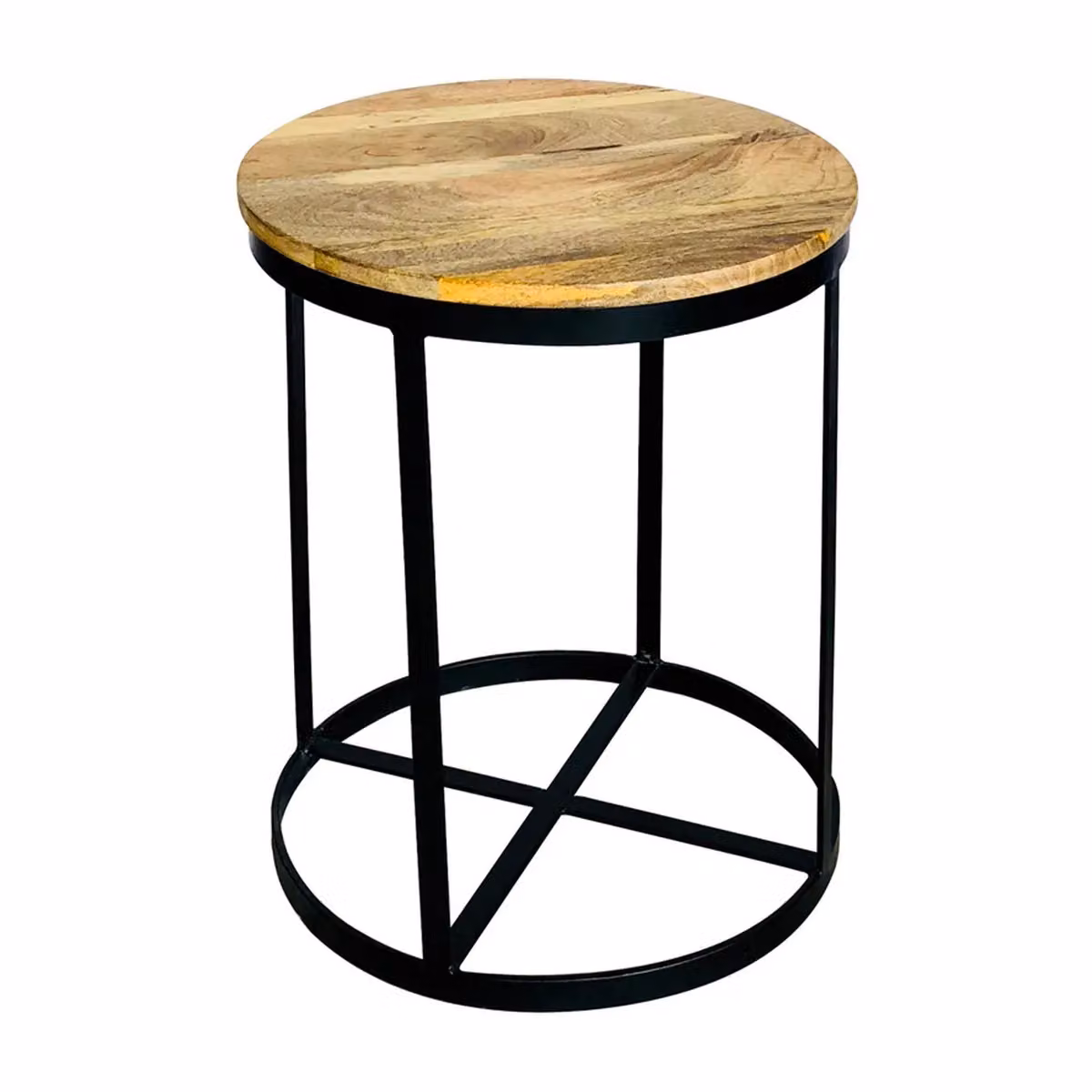 Jaipur Furniture Ltd Ravi Solid Wood Small Round Stool with Iron Base, Mango Light Finish in Brown, W: 41 cm, D: 41 cm, H: 52 cm – 2