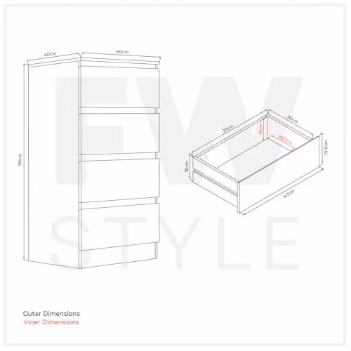 FWStyle Grey Gloss 4 Drawer Tall Slim Chest of Drawers H: 99 cm, W: 40 cm, D: 40 cm – 6