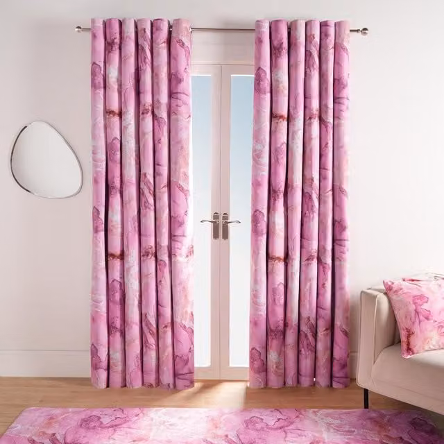 OHS Pink Marble Print Blackout Eyelet Curtains, Thermal Insulating, Width: 117 cm, Height: 137 cm