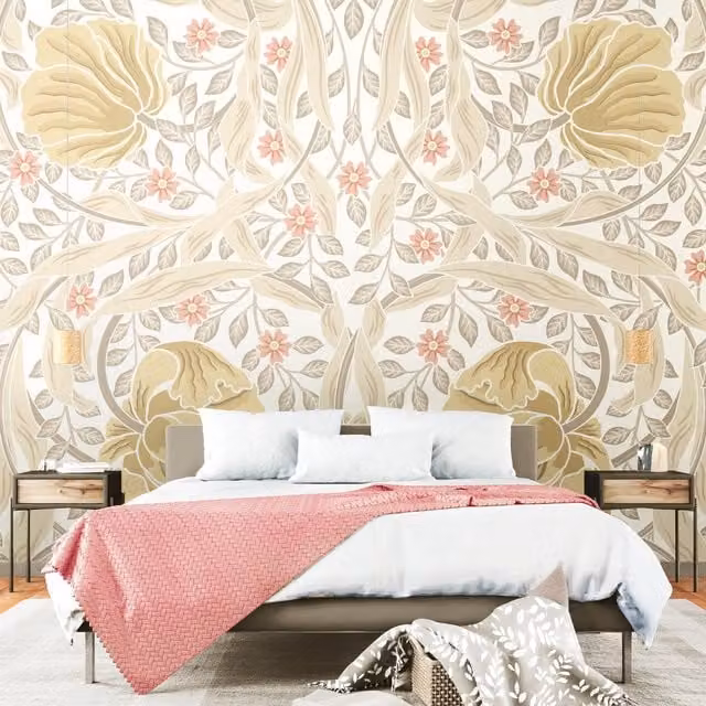 Origin Murals Flower Circle Art Nouveau Wall Mural in Pink, Yellow and Beige