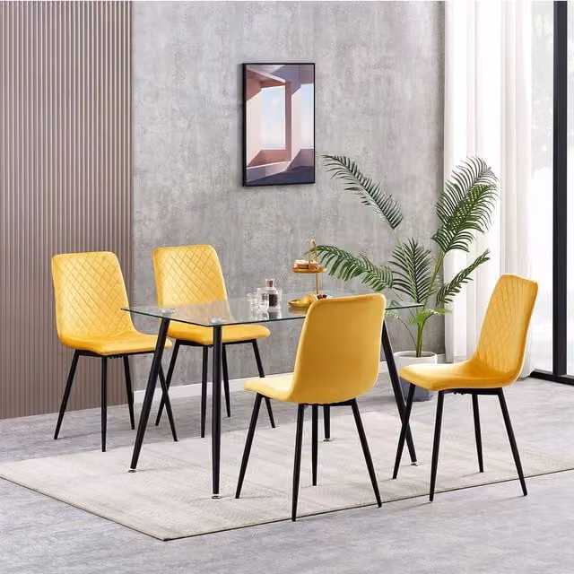MCC Direct Lexi Set of 4 Yellow Velvet Fabric Upholstered Dining Chairs with Metal Frame