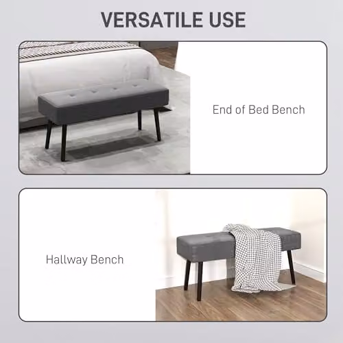 HOMCOM Grey Corduroy End of Bed Bench with Upholstered Frame and Metal Legs, W: 100 cm, D: 45 cm, H: 45 cm – 3