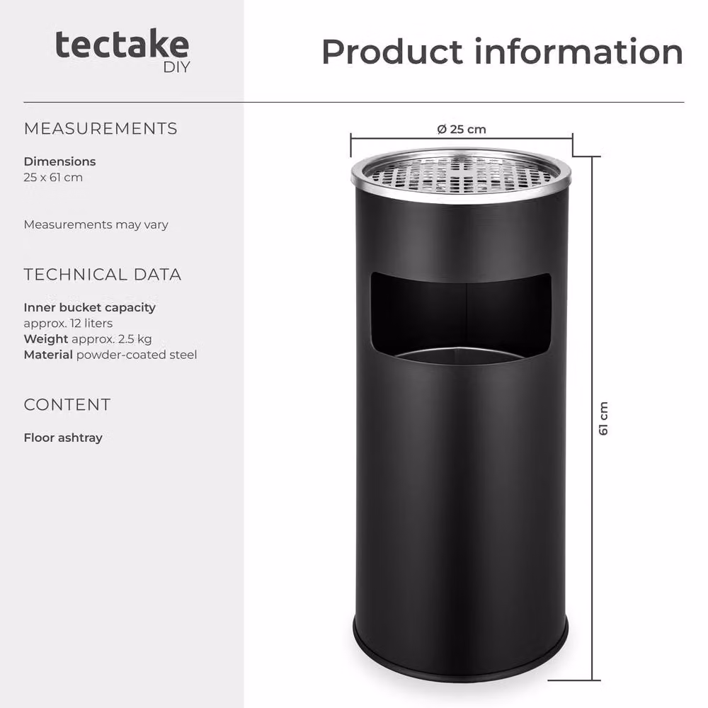 tectake Freestanding Metal Floor-Standing Ashtray in Black with Removable Inner Bucket, Height: 61.0 cm, Width: 25.0 cm – 6