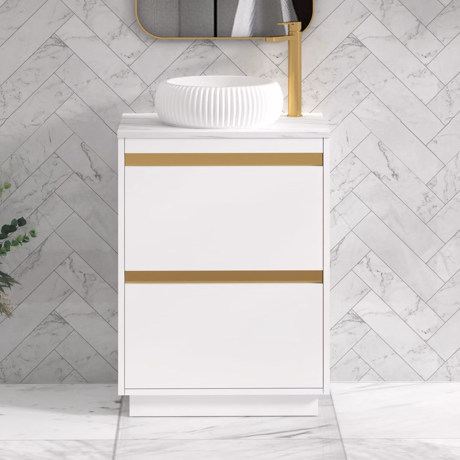 Royal Bathrooms Orion 800mm Matt White Floor Standing 2 Drawer Vanity Unit with Milan Basin and Brushed Brass Accent Trim