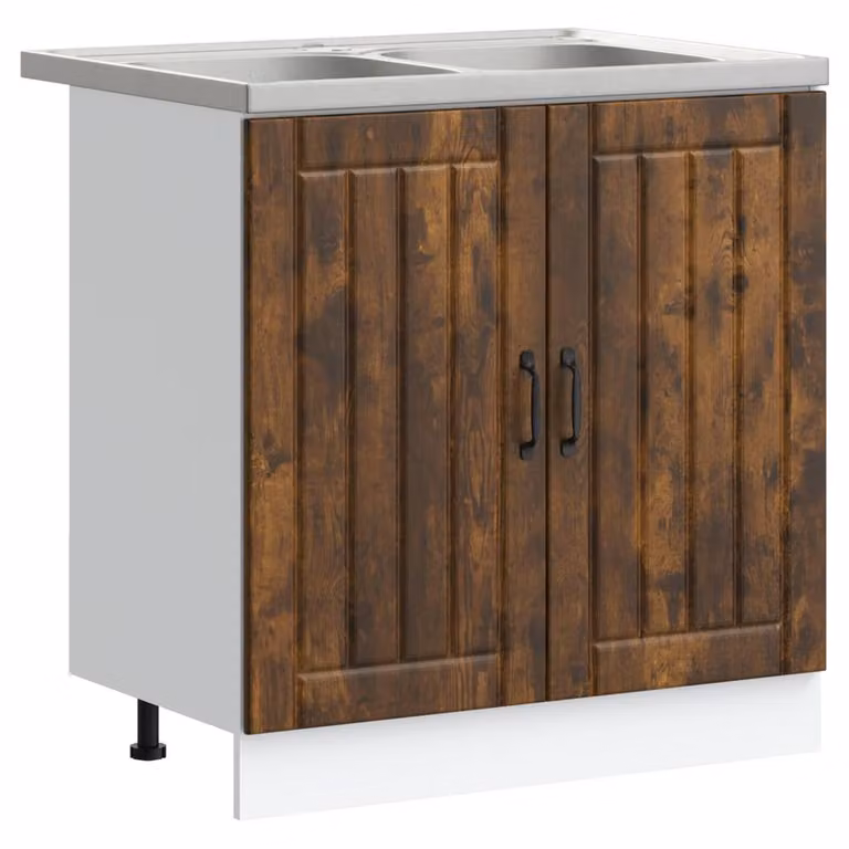 Berkfield Home Lucca Kitchen Sink Cabinet with Double Basins in Smoked Oak Brown, W/D/H: 81.5 x 46 x 46 cm