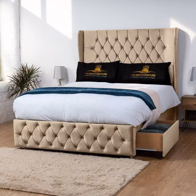 UK Bed Furniture Luxor Wingback Divan Bed with 54 Inch Headboard and 2 Foot End Drawers in Beige, Size: 180 x 200 cm