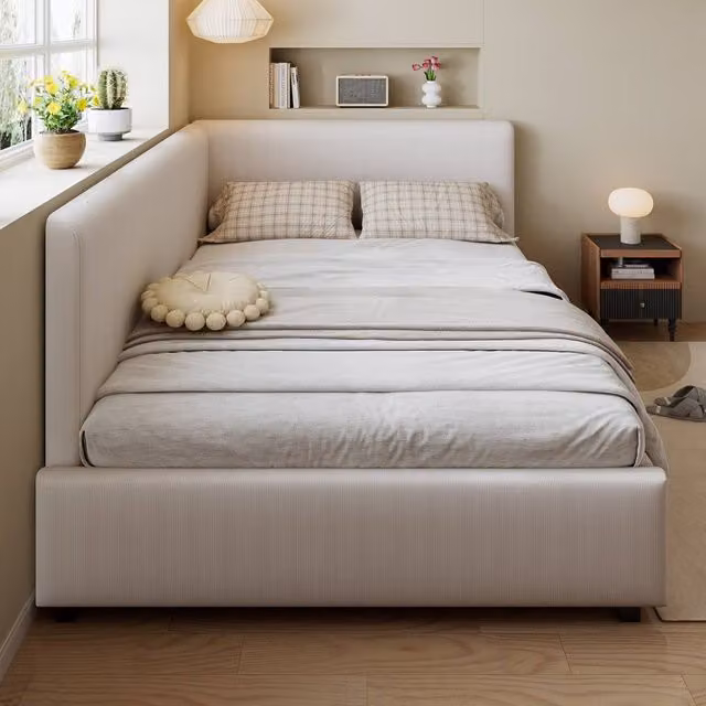 BTM Double Upholstered Bed with Twin Headboards and Side Rails, Beige, W/D/H: 140 x 200 cm – 1